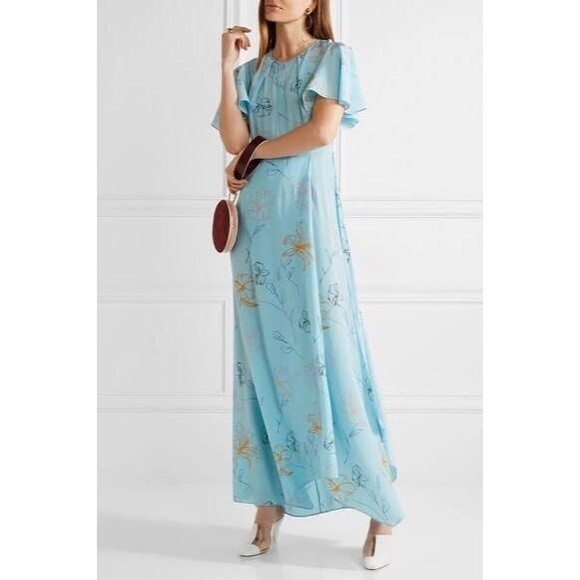 Diane Von Furstenberg 100% Silk Flutter Sleeve Maxi Dress Floral Sky Blue 4 - Picture 1 of 16